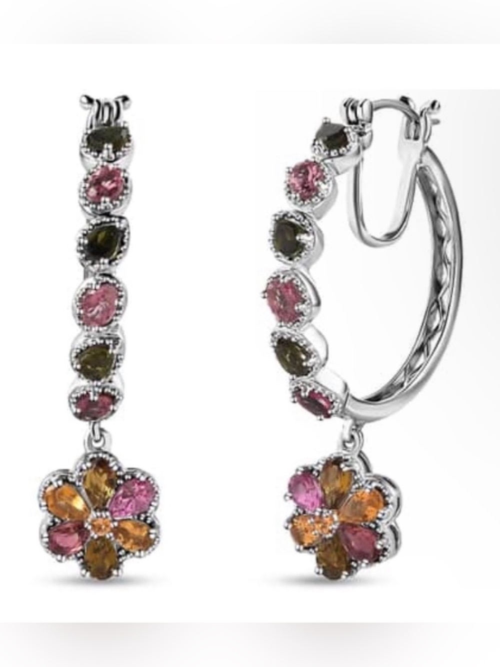 Multi-Tourmaline Floral Hoop Earrings Platinum Over Sterling Silver 4.40ctw